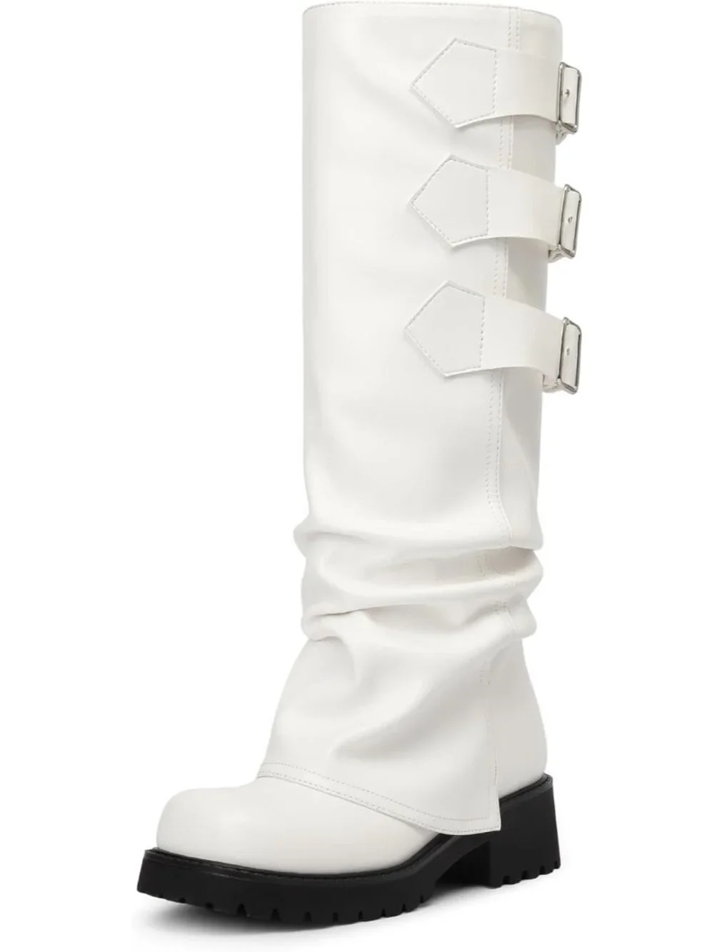 Women's White Block Heeled Square Toe Fold Over Knee High Moto Riding Boots